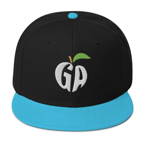 snapback-aqua-blue-black-black-front-68068fd2279db.jpg Get Noticed with the Stylish GA Snapback Hat - Perfect for Any Occasion
