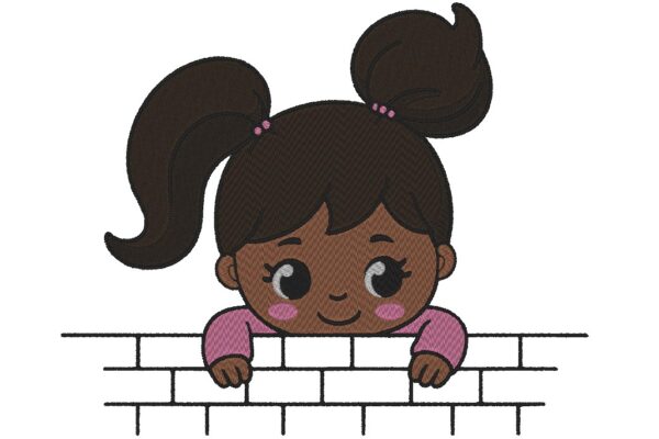 Screenshot 2024-11-24 053558 Adorable Girl with Ponytails Peeking Over Wall Embroidery Design